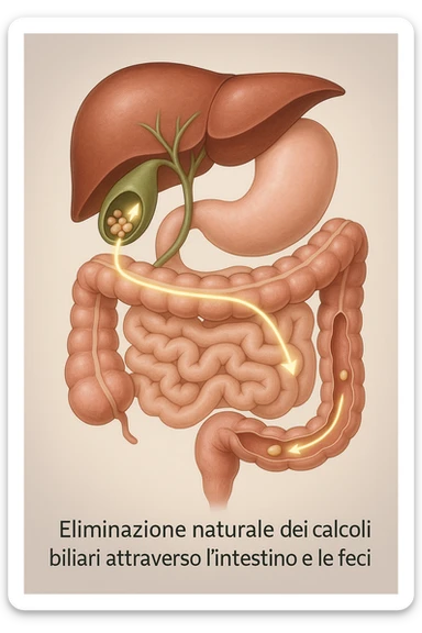 A realistic, educational medical illustration showing the human digestive tract focusing on the liver, gallbladder, bile ducts, and intestines. The gallbladder is depicted with small gallstones inside. A soft glowing arrow indicates the flow of bile and small stones moving naturally from the gallbladder through the bile ducts into the intestines. In the colon, small softened gallstones are shown being prepared for elimination, symbolizing their removal through bowel movements. The style is clean, precise, and clear with soft anatomical colors (greens, soft reds, and yellows) and faint glowing arrows to illustrate the process. The background is a subtle neutral gradient to keep the focus on the organs and the pathway. The image conveys the concept of natural gallstone elimination through the intestines via the stool in a clear, non-graphic, and educational way in italiano sticker