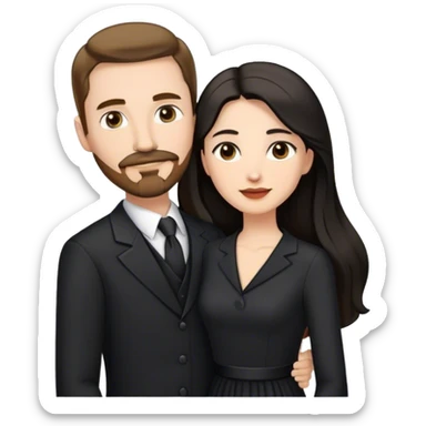 married couple portrait, tall white man with brown hair goatee mustache embracing a pale woman with long black hair, wearing formal clothing sticker