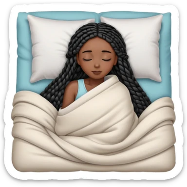A dark-skinned Black woman with long black box braids, lying on her side in bed, wrapped in a blanket, resting on a pillow, eyes closed. sticker