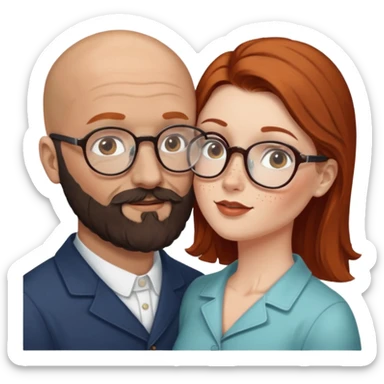 Couple. Bald man with dark brown-black beard. White woman with many small, faded freckles, she has white skin and she has auburn-brown-cinnamon, dark long hair. She has light brown eyes. The man have hazel eyes and glass. She have light eyes. Retro style. She kisses him. sticker