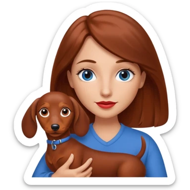 White woman with medium length brown hair and blue eyes holding a red dashound sticker