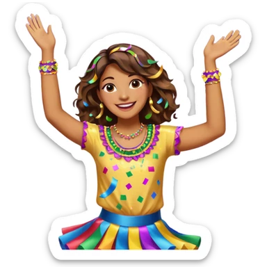 An energetic, celebratory emoji-style scene featuring a dancing figure surrounded by confetti, party streamers, and festive sparkles. Bright, colorful, joyful, and full of movement. sticker