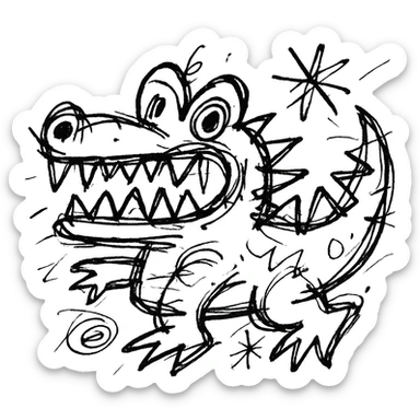 hand-drawn outlined crocodile with a quirky, chaotic design sticker