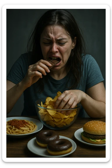 realistic cinematic image of a woman with very pronounced emotional eating due to menstrual cycle, agitated expression, compulsive movements towards food, realistic details, dramatic clinical lighting, no text, 2:3 aspect ratio sticker