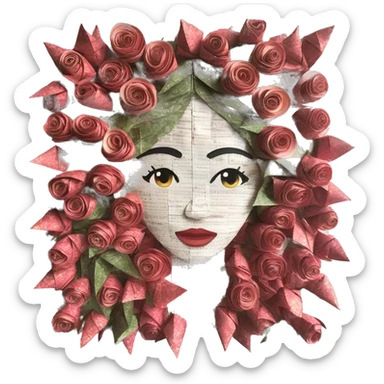  lady face made of 420 origami newspaper roses hemp leaves lantern fairy lights burning paper and hemp leaves in hair  sticker