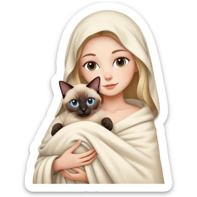 A white girl wrapped in a blanket holding a Siamese cat sticker
