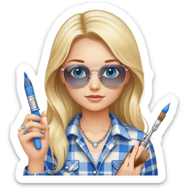 girl with long blond hair, wearing plaid shirt with blue eyes and aviator sunglasses wearing a ring on her silver necklace, holding a paintbrush roller sticker