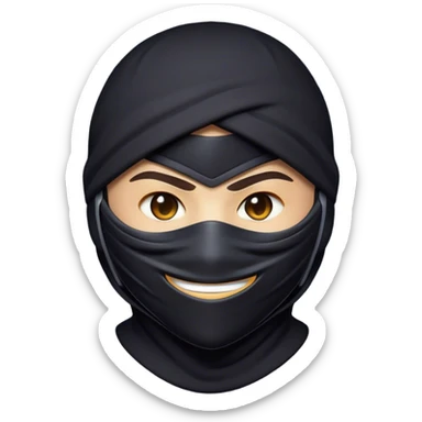 Clash of Clans aesthetic Playful Ninja Portrait Emoji, Head tilted with a sly, cheeky grin and twinkling eyes visible under a stylish mask, featuring a compact, nimble build in streamlined dark attire, his natural skin tone adding realism, Simplified yet irresistibly charming features, highly detailed, glowing with a warm, mysterious glow, high shine, spirited and lively, stylized with a touch of whimsical stealth, soft glowing outline, capturing the essence of a playful ninja exuding friendly covert energy! sticker