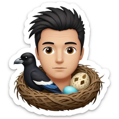 A man who has hair on the top of his head, that is actually an Australian Magpie, birds nest. sticker