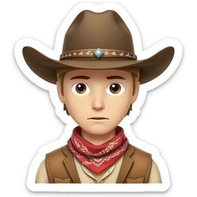 Clash of Clans aesthetic friendly Cowboy Portrait Emoji, With a rugged yet stylized build wearing a classic wide-brimmed hat and bandana, his face rendered in a natural skin tone (not yellow), determined eyes and a steely gaze, Simplified yet dynamic features, highly detailed, glowing with a warm, sunlit frontier radiance, high shine, brave and spirited, stylized with an air of Wild West heroism, focused and ready, soft glowing outline, capturing the essence of a fearless cowboy adventurer ready to ride into epic quests! sticker