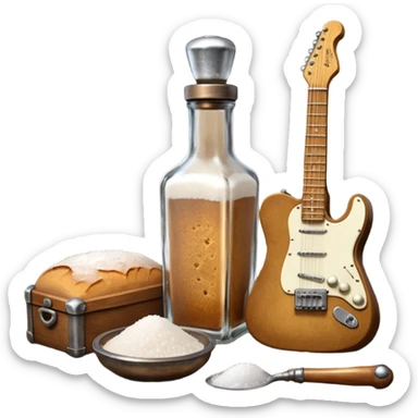 cinematic ultra HD steampunk victorian - a bottle of salt (salt shaker) and a loaf of peasant bread with a small electric telecaster guitar - still life composition sticker