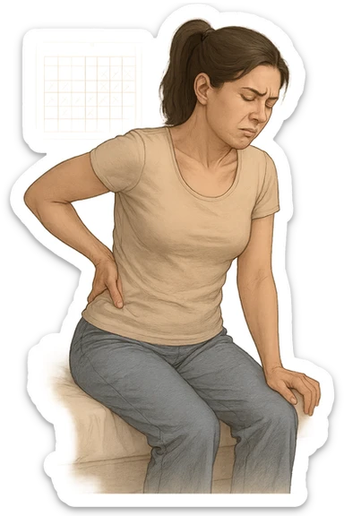 a woman in her 30s sits on the edge of her bed in the morning, holding her lower back with a pained expression. Subtle visual cues, like uneven shoulders or hips, hint at postural asymmetry. The room is softly lit, and a calendar on the wall shows months crossed off, symbolizing chronic pain over the years. vista anatomicamente sticker