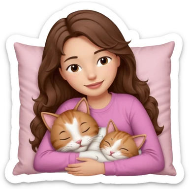 girl with wavy long brown hair, brown eyes, light to medium complexion, long lashes, light pink lipstick, smiling, wearing light pink shirt, sleeping on a cozy pillow, cuddling a cat  sticker
