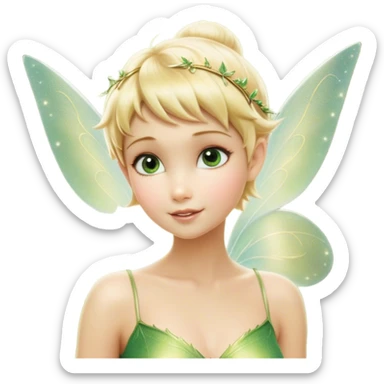 Cinematic Realistic Blonde Tinker Bell Fairy Portrait, depicted with lifelike, delicate skin glowing with a subtle radiant aura, soft natural lighting accentuating her gentle features, and intricately detailed golden blonde hair styled in a whimsical pixie cut. Her iridescent, translucent wings shimmer with delicate fairy dust, and her expressive, sparkling eyes reflect a world of magic. Adorned in a subtle blend of woodland greens and soft pastel accents, the portrait exudes an enchanting glow that seamlessly merges realism with fairy charm. sticker