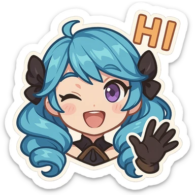Gwen from League of Legends, chibi style, only head, right eye purple, one hand waving with glove, hi emote, excited and energetic, no text sticker