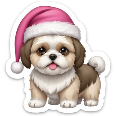 one little white all over shih tzu dog with pink santa hat and one mostly white with black havanese dog wearing a red santa hat sticker