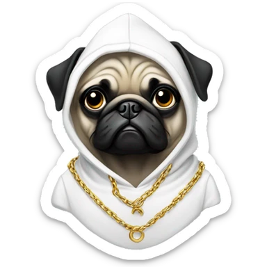 Black Pug wearing white hoodie and gold chains sticker