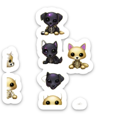 Black iridescent dog fox zombie skeleton gold mechanical nebula galaxy stars flowers fairy lights vintage sticker