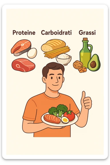 uomo che fa alimentazione attraverso i giusti macronutrienti. Scritte in ITALIANO sticker