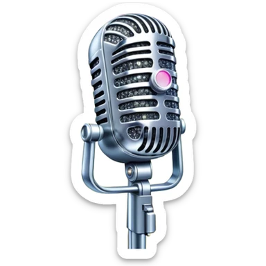 Create a glamorous and vibrant emoji representing stage vocal performance. The design should feature a humanless collage of classic vintage microphone, stage costume covered in rhinestones, large scene speakers, scene lights. The costume should be stylized, with glittering elements like sequins and sparkles, and reflect the glitzy, extravagant nature of show business. The microphone should have a sleek, retro look with chrome or metallic accents. Use rich, dazzling colors like gold, silver, deep purple, and bright red to evoke the glamorous, larger-than-life feel of a stage performance. The background should be transparent. sticker
