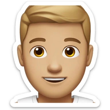 A guy with blue eyes, light skin, shaved brown hair under 0.5, white T-shirt,  silver earring piercing with cross on left ear. sticker