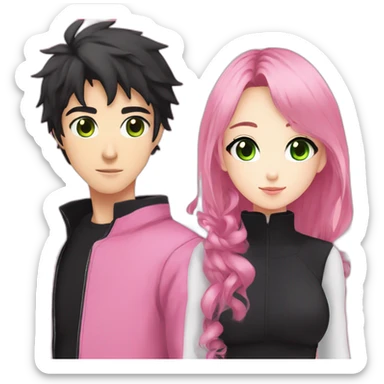 pretty anime girl with pink ninja clothes and cute makeup alongside a man that is taller than her in completely black clothing and has green eyes sticker