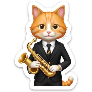 orange cat play gold saxophone, wear black suit sticker