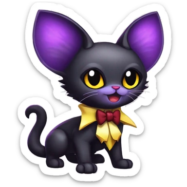 Cute-Evil-Vampiric-Batty-Cat-Black-Purple-Red-Yellow-Contrast-Colors-Fantasy-Fur-Sona-Chibi-Shiny-Fakémon-Hybrid with horns and big fangs neck bow white tie leg spats full body sticker
