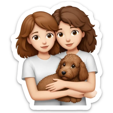 One girl with medium long brown hair dressing white T-shirt, hugging One little brown coated labradoodle. sticker