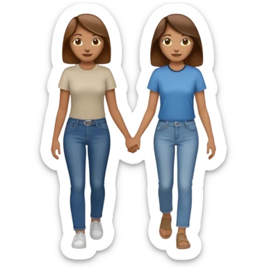 based on emoji style, two people walking together, They are not holding hands. one is brown-haired woman, wearing a shirt,  Another one is a non-binary person, wearing t shirt and jeans, and the second person doesn't have anything on their hands.  sticker