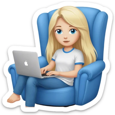 Cinematic realistic blonde with long hair, blue eyes, dressed in a T-shirt, sits in a soft, cozy armchair with a computer on her lap sticker