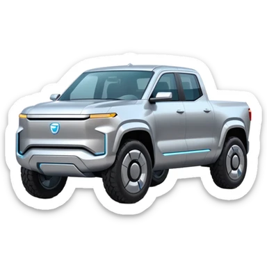 A futuristic electric pickup truck emoji, silver chrome body, angular cyber design, smooth metallic panels, subtle reflections, minimalistic proportions, iOS emoji style, centered composition, clean white background, soft lighting sticker