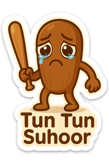 Make the chibi Tun Tun Suhoor wooden stick character look sad, with teary big cartoon eyes, downturned mouth, and slumped posture, in the chibi stickers style, with no background. sticker