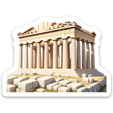 Cinematic Realistic Acropolis Landmark Emoji, showing the Parthenon standing proudly atop the Acropolis hill, with its marble columns glowing under the warm Athenian sunlight against a blue sky. sticker