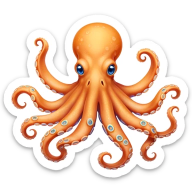 Cinematic Noble smiling Octopus Portrait Emoji, Poised and enchanting, with a light orange body adorned with vibrant blue rings and eight delightfully curling arms with gentle suckers, large sparkling eyes exuding warmth and playfulness, Simplified yet charmingly expressive features, highly detailed, glowing with a soft, magical underwater radiance, high shine, intelligent and irresistibly cute, stylized with an air of whimsical marine enchantment, focused and fluid, soft glowing outline, capturing the essence of a watchful and endearing octopus that appears ready to float out of the screen with delightful charm! sticker
