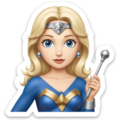 Blonde blue eyes Wonder Woman holding bell and short white orchestra conductor’s baton  sticker