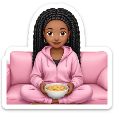 A dark-brown-skinned Black woman with black box braids, sitting on a pink couch, holding a bowl of pasta with a fork, smiling. She’s wearing casual, comfy loungewear, relaxed in a cozy setting. sticker