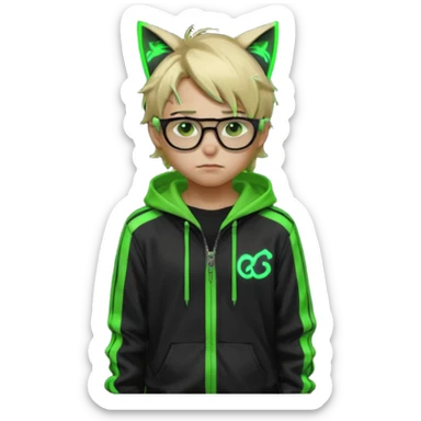 Light blond, slightly messy hair
Black glasses
A black hoodie with cat ears
Neon green details on the jacket and pants (glowing lines and stripes)
An overall hacker / cyberpunk style look
A neutral facial expression (boy )eyes brown) sticker