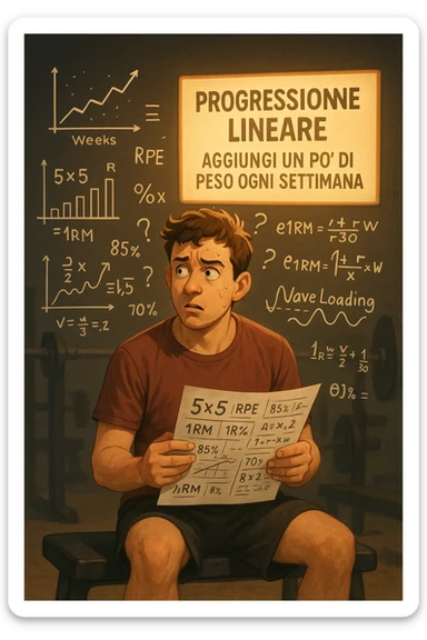 Neofita in palestra, visibilmente confuso, seduto su una panca con in mano un foglio pieno di schemi complicati, numeri, percentuali e sigle (tipo 5x5, RPE, 1RM, wave loading, ecc). Ha un’espressione perplessa, guarda in tutte le direzioni. Intorno a lui appaiono in aria grafici intricati, metodi diversi, formule complicate. Ma sullo sfondo, in modo semplice e luminoso, c'è un cartello che dice: 'Progressione lineare – Aggiungi un po’ di peso ogni settimana'. La luce calda illumina proprio quel messaggio semplice. Contrasto visivo forte tra la confusione e la chiarezza. Stile realistico o illustrato, atmosfera educativa e motivazionale. sticker