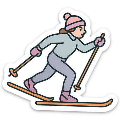 a skier skating on cross-country skis, dynamic pose, detailed shading, thin clean outlines, soft rounded features, pastel palette #98B5BC #B5B3C1 #C9A3C9 #E4C0CA #F7DCD1 #F7C0AA, Japanese pop art, sticker look, highly detailed, vector clarity, soft lighting, subtle shadows, transparent background sticker