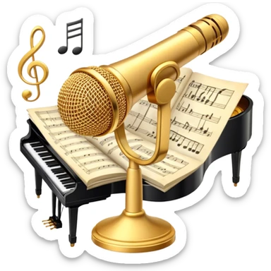 Create an elegant and refined emoji that represents classical or academic vocal performance. The design should feature a microphone, sheet music with musical notes, and a treble clef to symbolize the vocal artistry and music theory behind academic singing. Add subtle elements like a vocal warm-up chart or a grand piano to reflect the classical training. Use classic colors like gold, silver, and deep blue to emphasize sophistication and professionalism. The background should be transparent. sticker