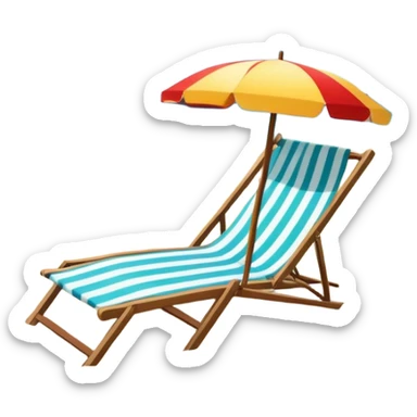Icon for Beach Tourism: a sunny beach with the sea and waves, a lounge chair, a sun umbrella, and flip-flops on the sandy shore. The background should be a clear, vibrant ocean view with the sun shining brightly. Transparent background. sticker