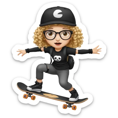 ["An excited girl with light skin, curly hair, wearing a baseball cap and square glasses, dressed in goth fashion, is skateboarding while holding a camera."] sticker