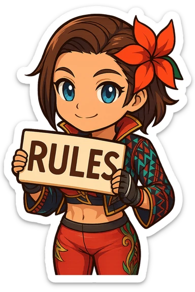 Azucena from Tekken 8 in chibi sticker style, holding a sign that says 'RULES', friendly expression, wearing the detailed red and patterned outfit from the reference images, designed for Twitch emote use. sticker