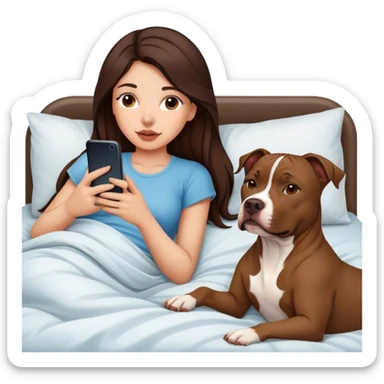 Girl long dark brown hair lays bed with her cell phone and her brown pit bull lays guarding her sticker