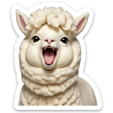 Cinematic Cute Yawning Cream Alpaca Portrait Emoji, Head tilted slightly with a dramatic, wide-open yawn, showcasing a soft, fluffy cream fleece with subtly drooping ears, round gentle eyes barely open in drowsy contentment, Simplified yet irresistibly adorable features, highly detailed, glowing with a soft, cozy glow, high shine, relaxed yet expressive, stylized with a touch of whimsy, bright and endearing, soft glowing outline, capturing the essence of a sleepy yet affectionate alpaca, so drowsy it feels like it could stretch out of the screen and curl up for a nap! sticker