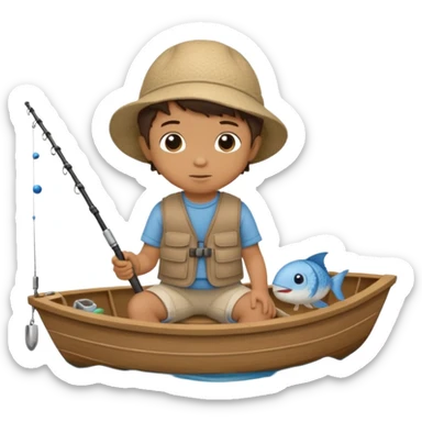 A single Little boy on a little boat fishing, felt texture, scrapbooking, precious moments style character sticker