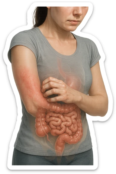donna con intestino umano anatomico realistico che si gratta il braccio su cui ha un'eritema, iperrealistica 4k sticker