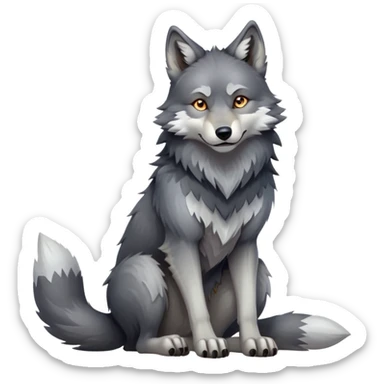 cinematic-[wolf]-realistic-full-body-sitting-emoji,-tail-resting-loosely-beside-its-paws,-head-tilted-dramatically, -scruffy-[grey]-fur,-simplified-yet-realistic-focused-features,-highly-detailed,-glowing-with-an-almost-sarcastic-glow sticker
