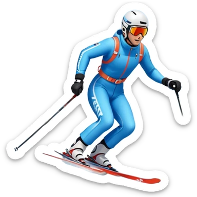 An icon featuring snowy peaks, pine trees, and a picturesque mountain landscape with a skier racing down a snow-covered slope, The sky is blue with soft clouds, capturing the thrill and beauty of alpine skiing. Transparent background highlights the excitement and serenity of winter sports. sticker
